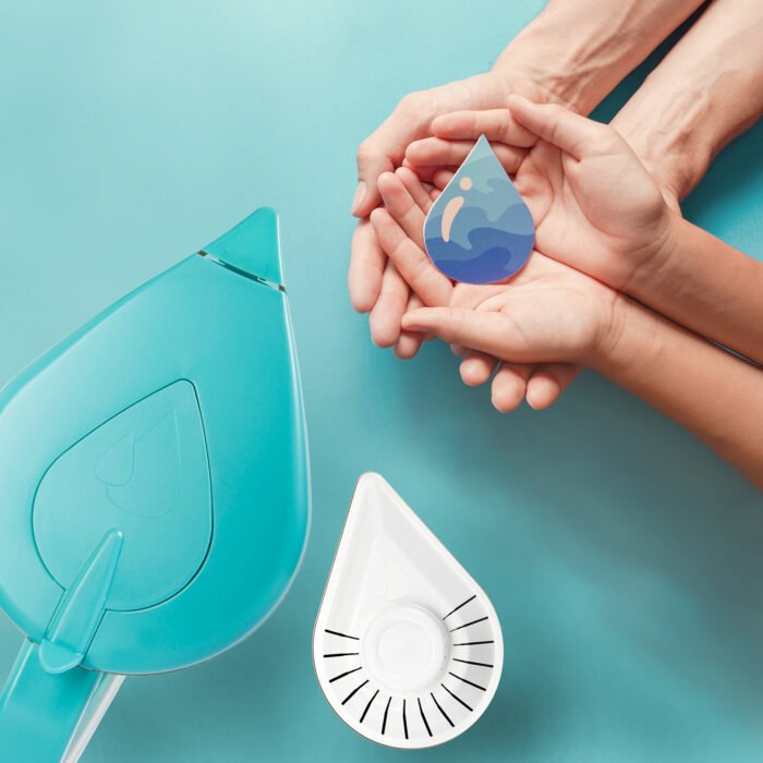 Adult and child hands holding water drop, World Water Day,  Clea